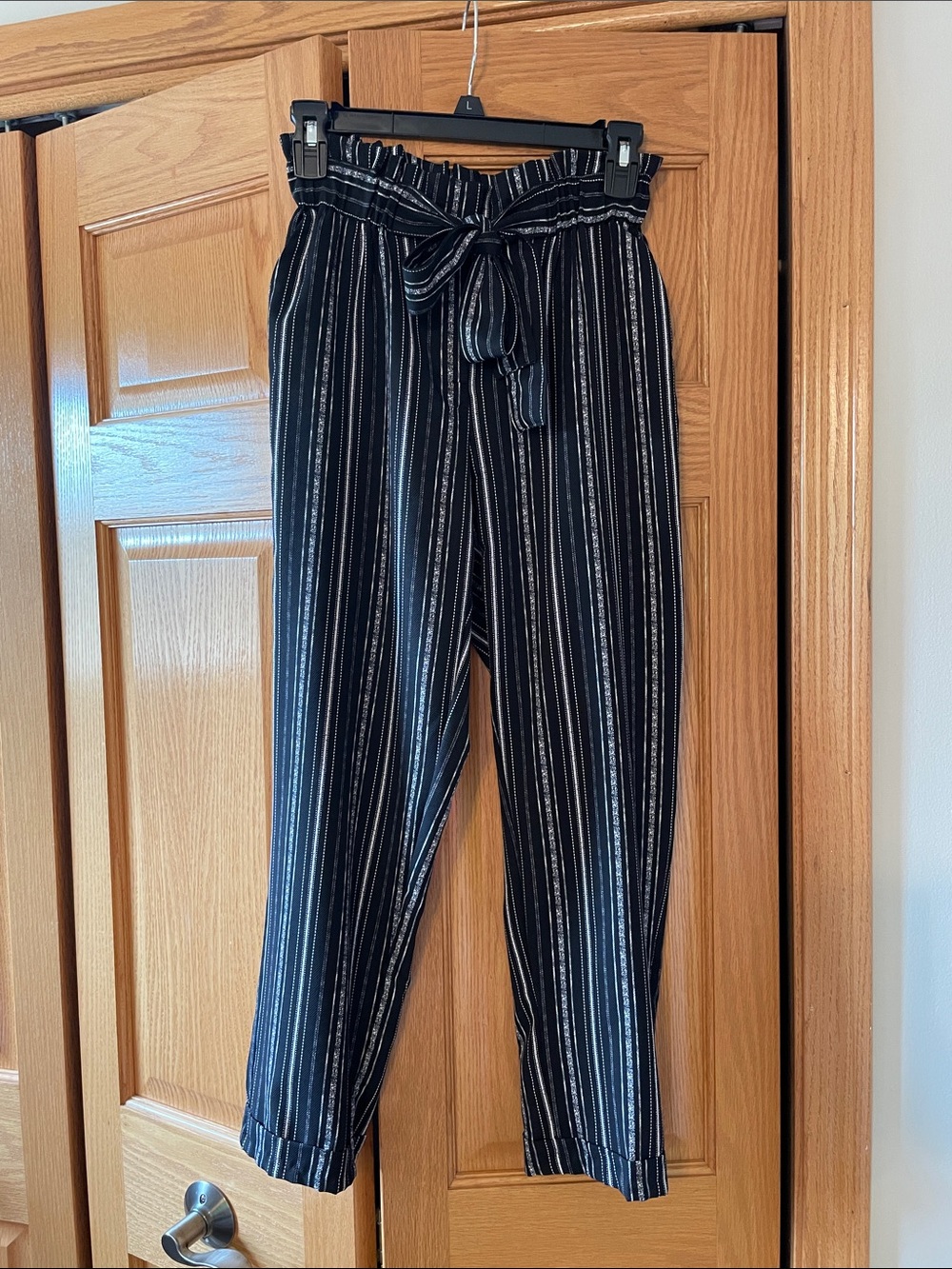Black Striped Paperbag Waist Tie Pants
